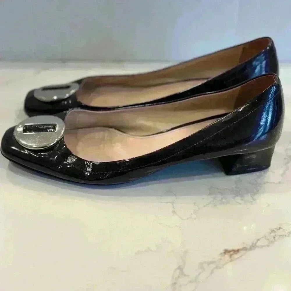 Prada Logo Black Patent Square Toe Low Block Heels Pumps Size 40 - Picture 7 of 12